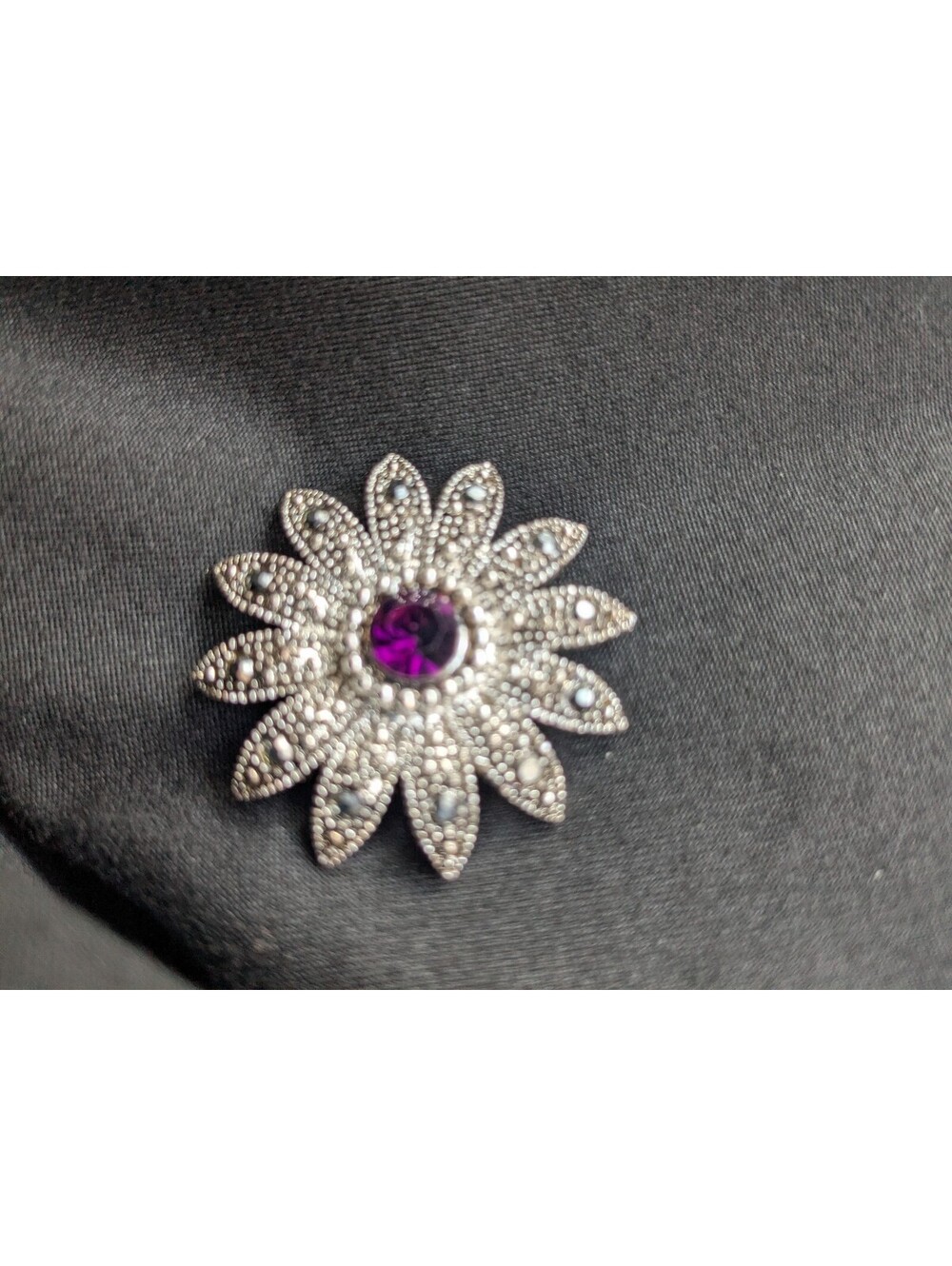 Vintage Silver Flower Brooch with Purple Gem Center